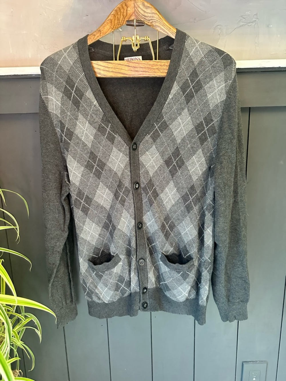Merona 100% Cotton Charcoal Light Gray Argyle Cardigan Grampa Sweater sz L